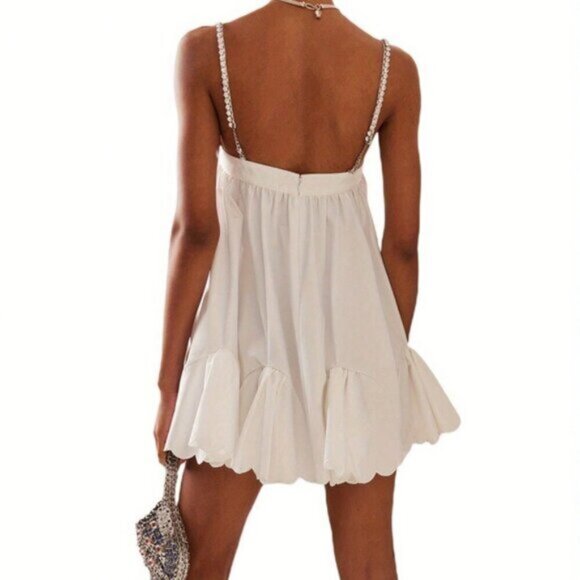 White Casual Women's Spaghetti Strap Rhinestone Cutout Mini A-Line Dress - Picture 3 of 10